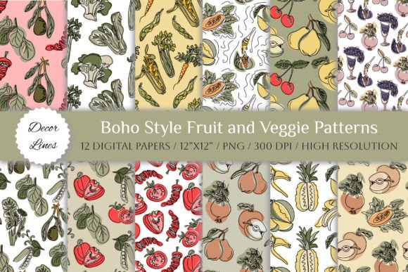 Boho Style Fruit and Veggies Patterns