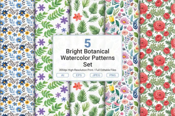 Bright Botanical Watercolor Patterns Set: Elevate Your Projects with Nature-Inspired Design