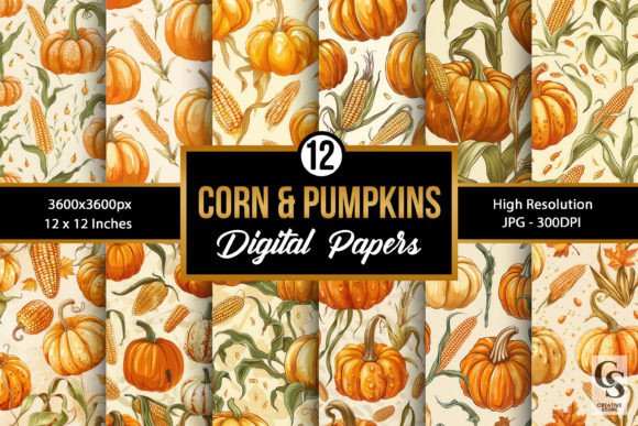 Bringing the Harvest Home with Pumpkin Cornstalks Seamless Patterns