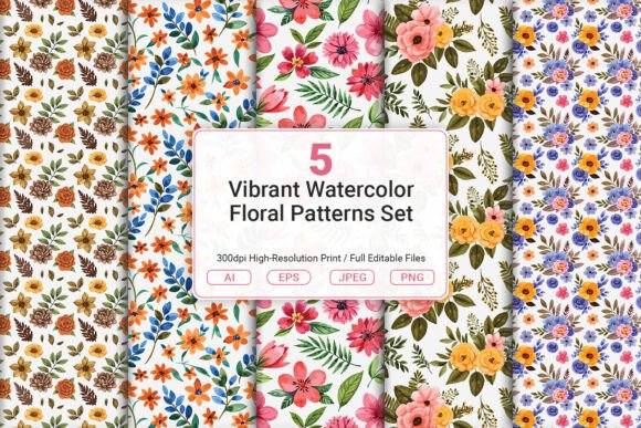 Vibrant Watercolor Floral Patterns Set
